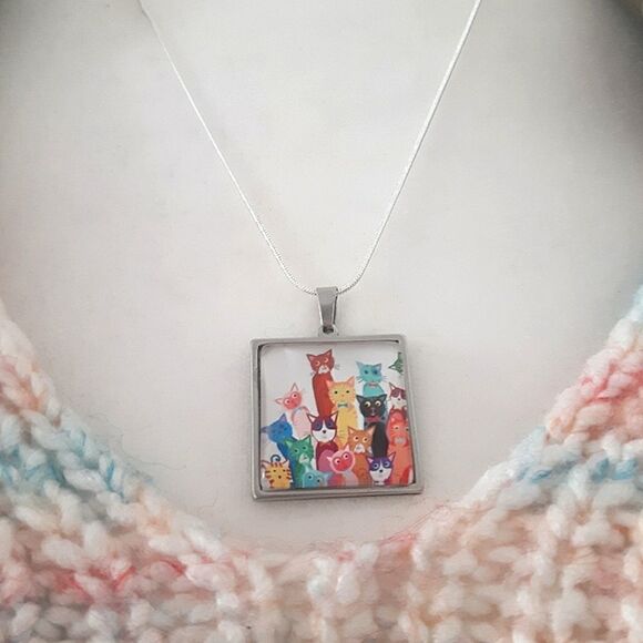 Hand Crafted Stainless Steel Cartoon Cats Charm Stamped Sterling Silver Necklace - Picture 5 of 5